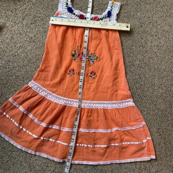 VTG Aruba Girl Sun Dress Sz 8 Orange Floral Embroidered Crochet Casual Beachy - Picture 2 of 7